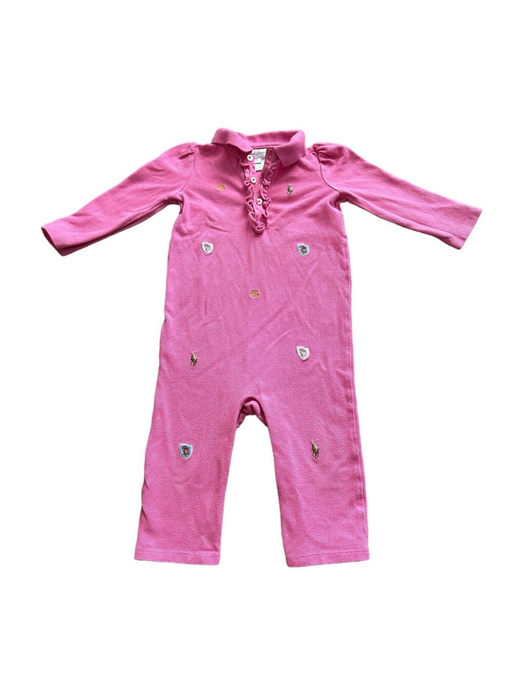 Ralph Lauren Babies 9M Pink and Logo Long Sleeve Button Up Neck One Piece